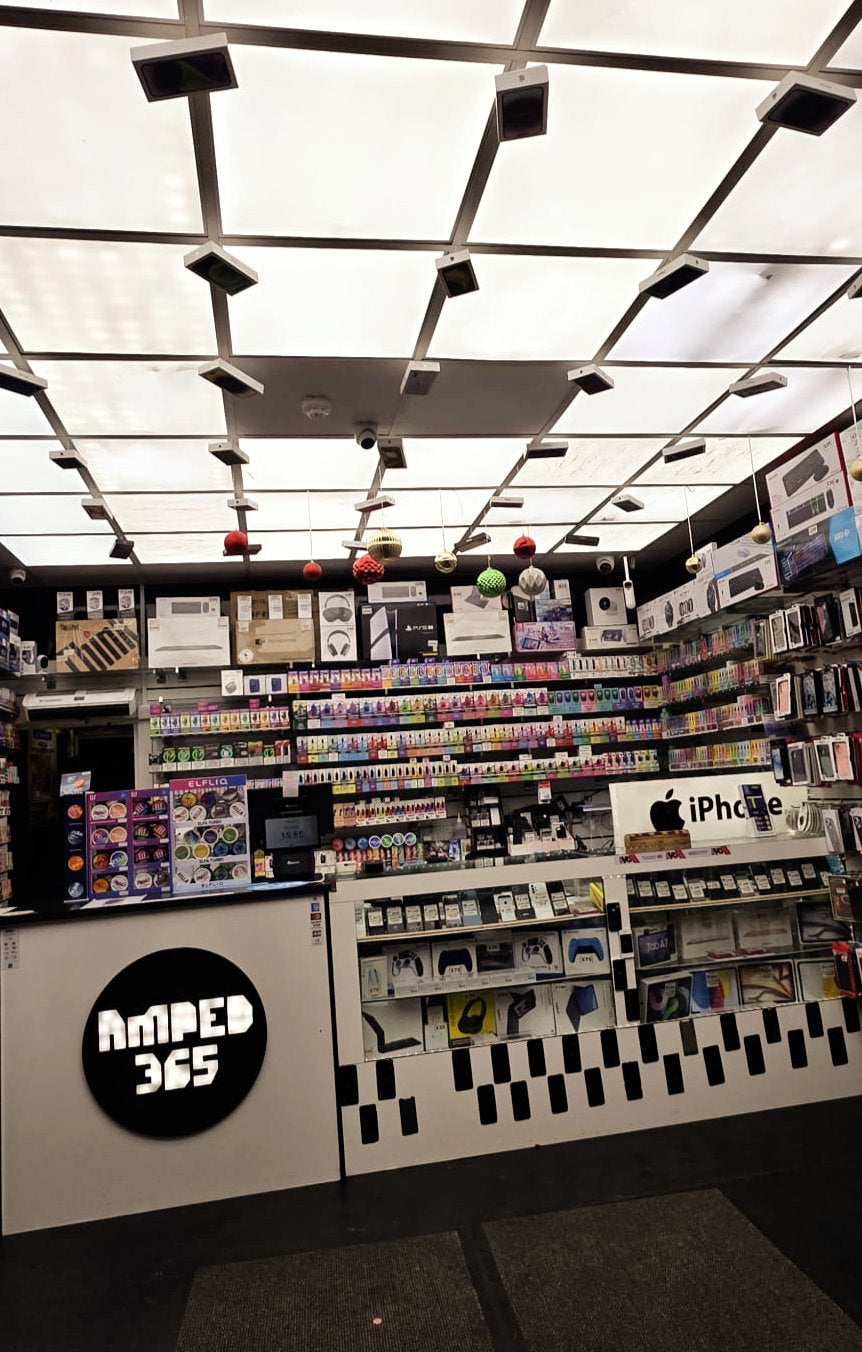 Inside the Amped365 shop, with phones and accessories on display